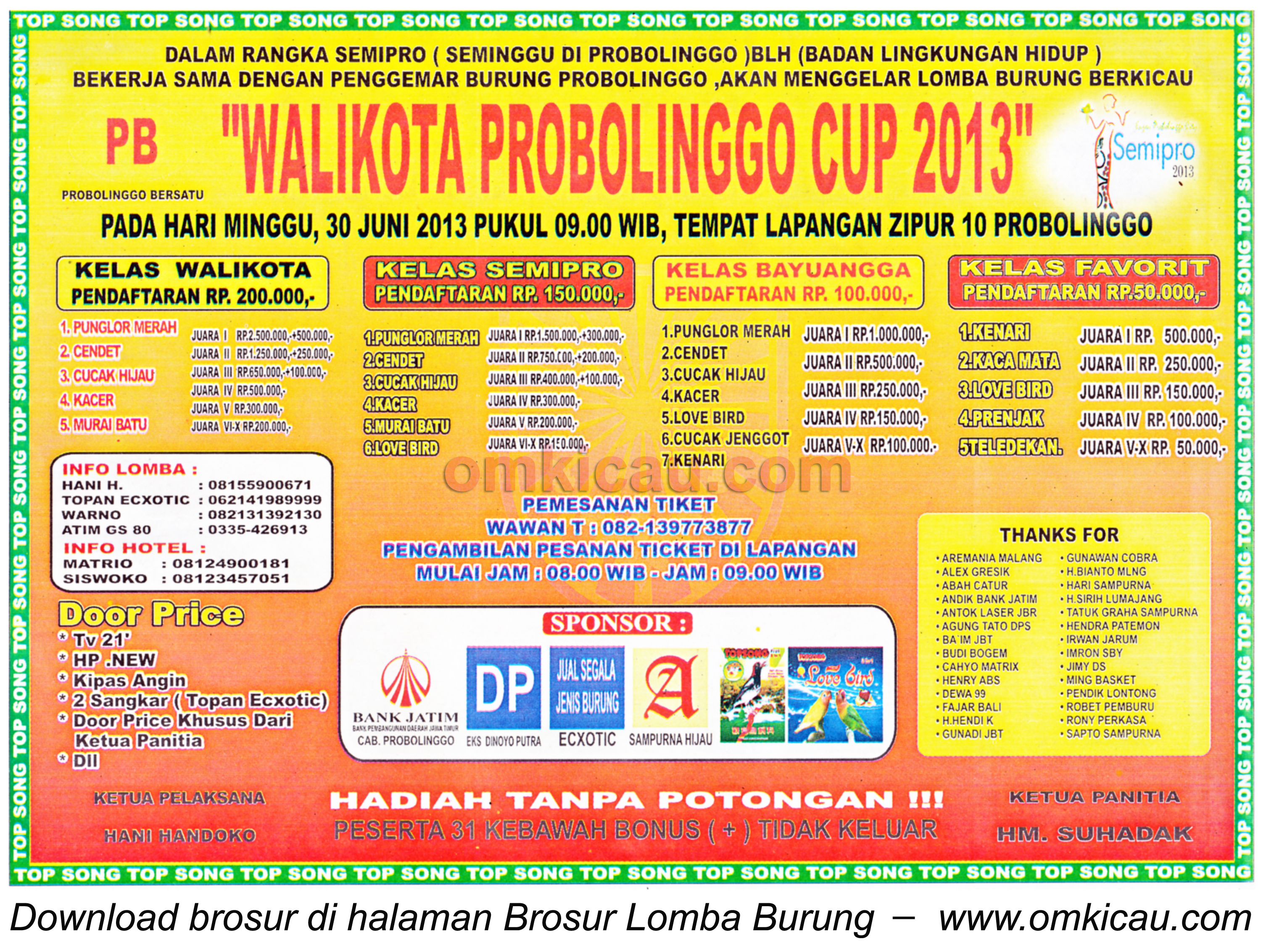 Brosur Lomba Burung Wali Kota Probolinggo Cup 30 Juni 2013