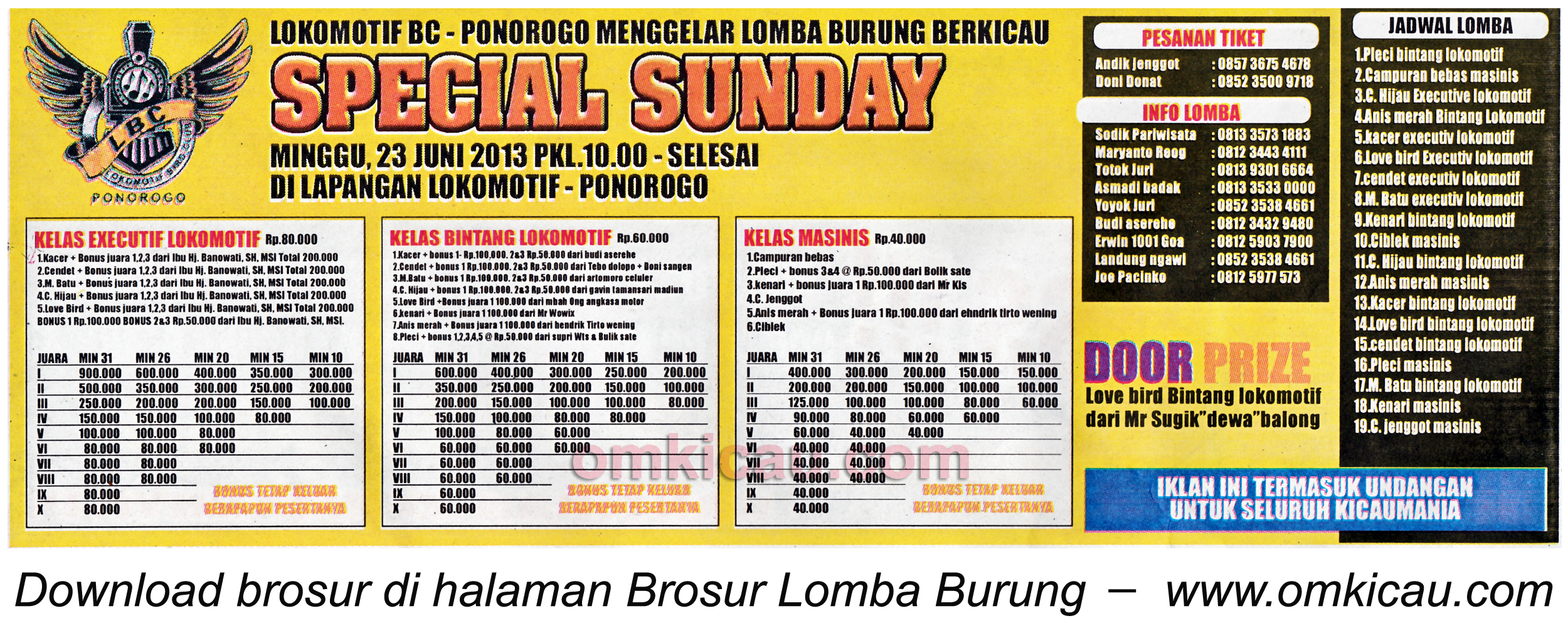 Brosur Lomba Special Sunday Lokomotif BC Ponorogo 23 Juni 2013