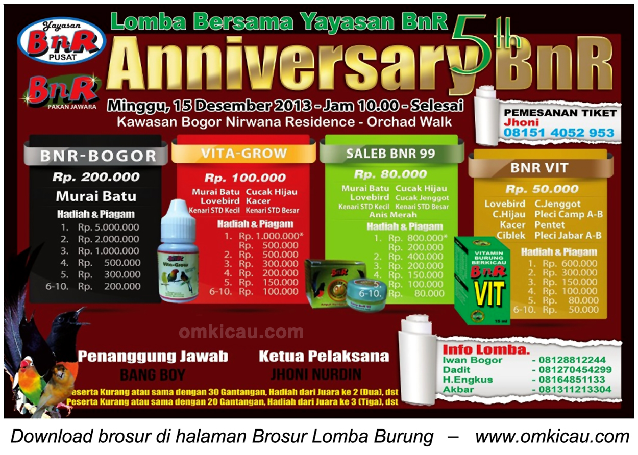 Brosur Lomba Burung Berkicau 5th Anniversary BnR, Bogor, 15 Desember 2013